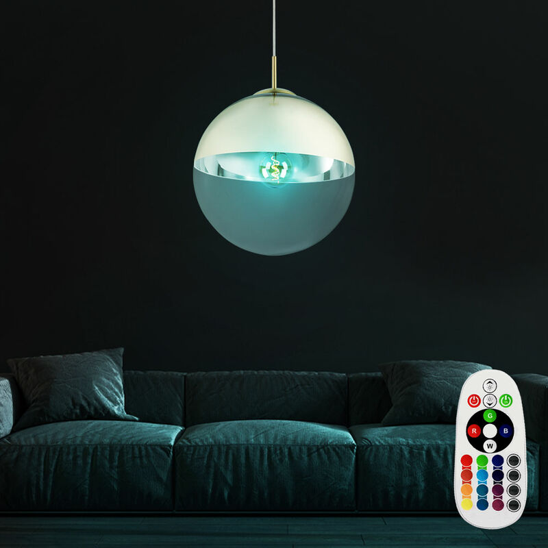 

Lámpara colgante de techo para sala de estar con control remoto de vidrio regulable en un juego que incluye bombillas LED RGB