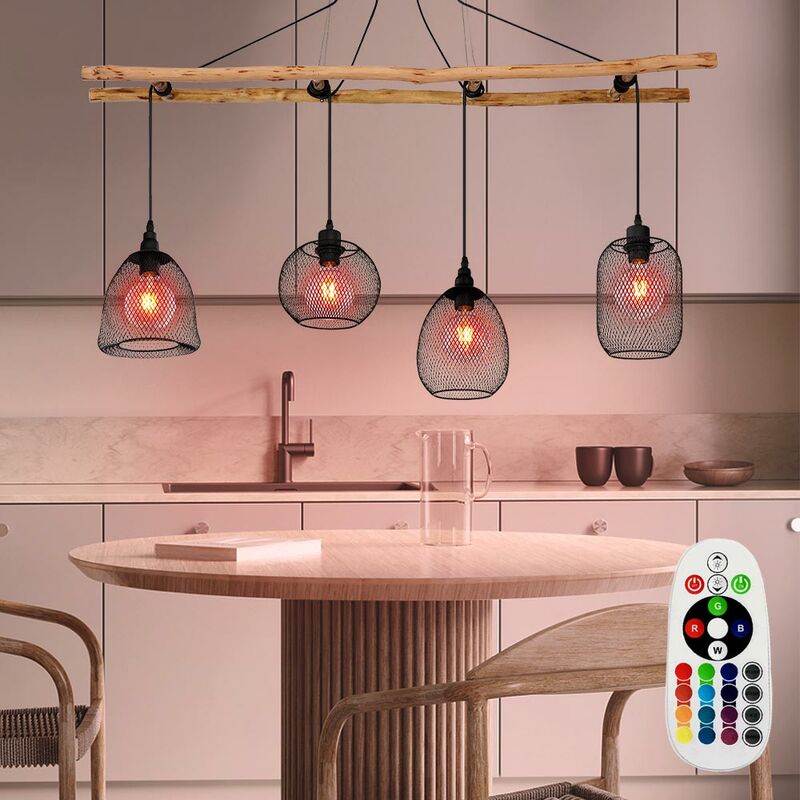 

Lámpara colgante de techo vintage, luz colgante regulable, escalera de madera, control remoto negro en un juego que incluye bombillas LED RGB