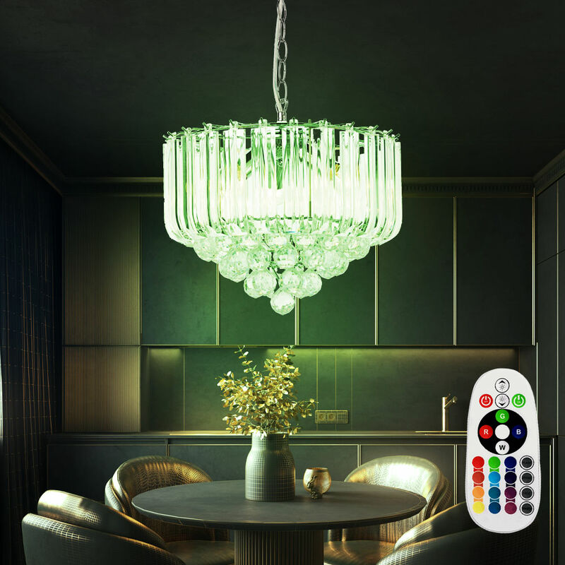 

Lámpara colgante de control remoto de cromo con atenuador de luz colgante transparente en un juego que incluye bombillas LED RGB