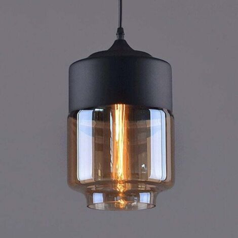 Lámpara colgante estilo farol, cuerpo metálico sencillo, pantalla cilíndrica de cristal, lámpara nórdica creativa para cabecero, restaurante, habitación de hotel, color negro y ámbar.