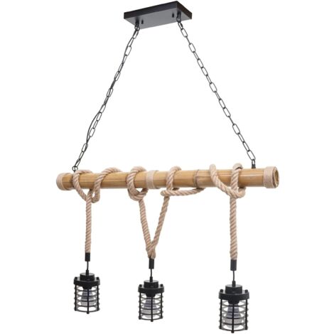 Lámpara colgante estilo industrial vintage cuerda bambú metal negro 3x pantalla jaula 040004045