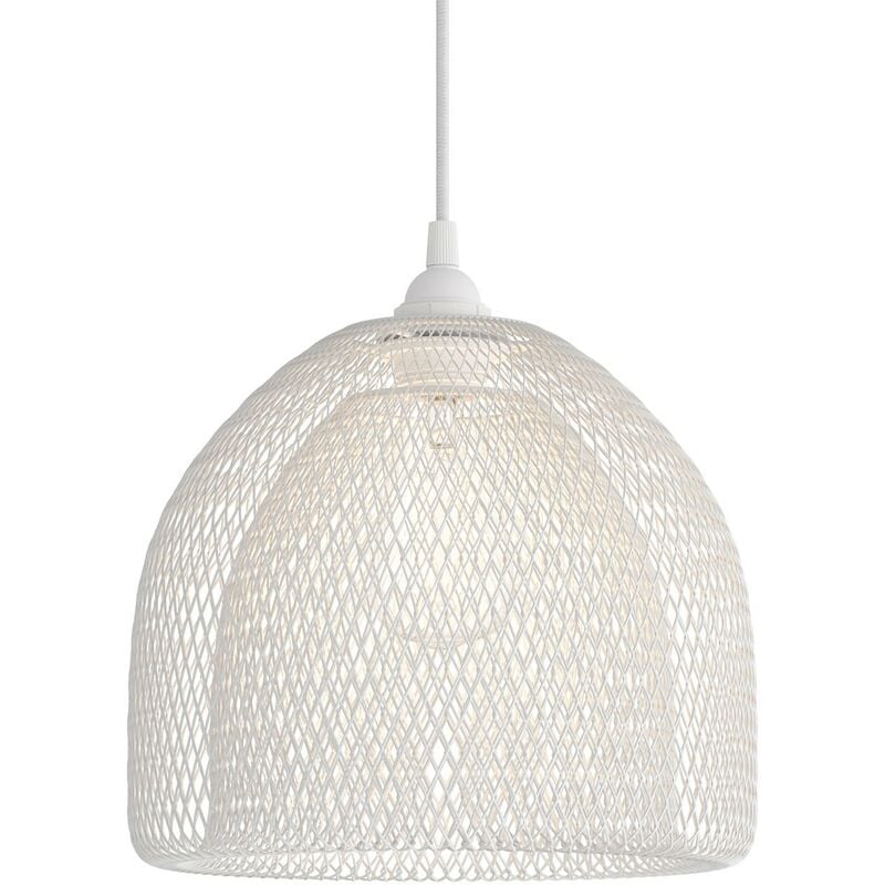 

Lámpara colgante hecha en Italia con cable textil, pantalla de jaula Ghostbell XL y adornos metálicos | Con bombilla - Blanco - Blanco