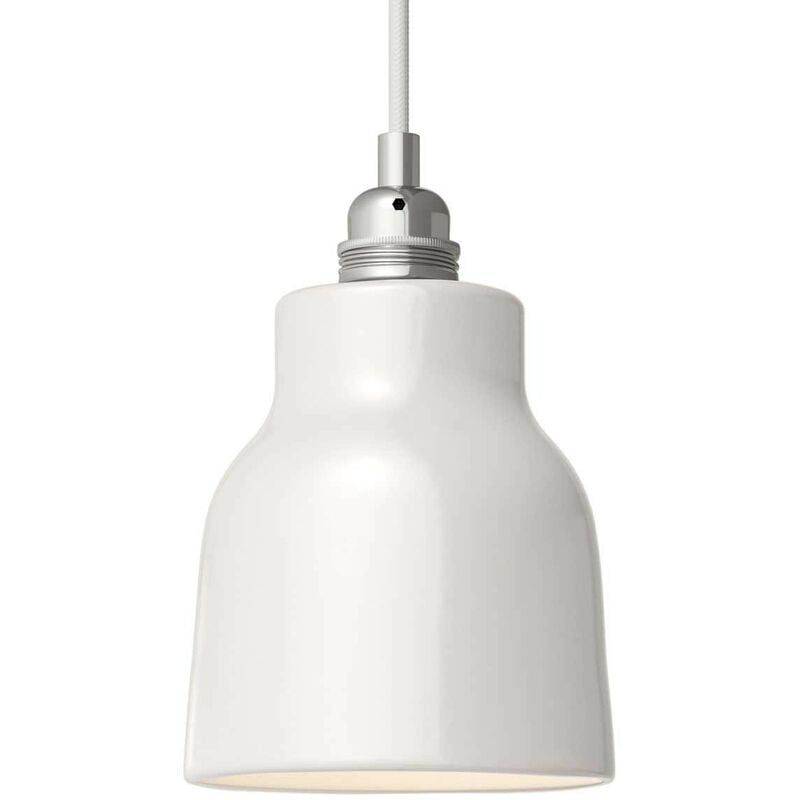 

Lámpara colgante hecha en Italia con cable textil, pantalla Vaso de cerámica y acabados metálicos | Sin bombilla - Blanco brillante - Blanco brillante