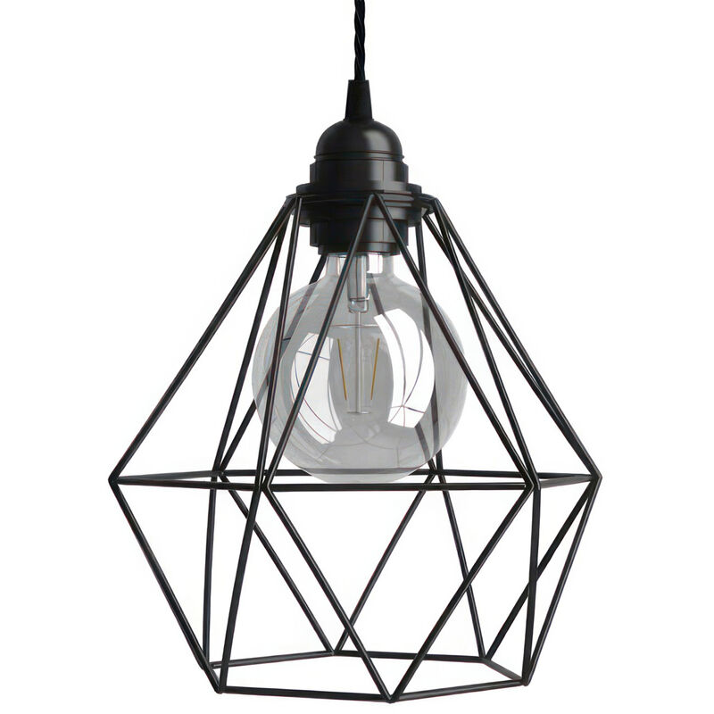 

Lámpara colgante hecha en Italia con cable textil y pantalla jaula Diamond en metal | Sin bombilla - Negro - Negro