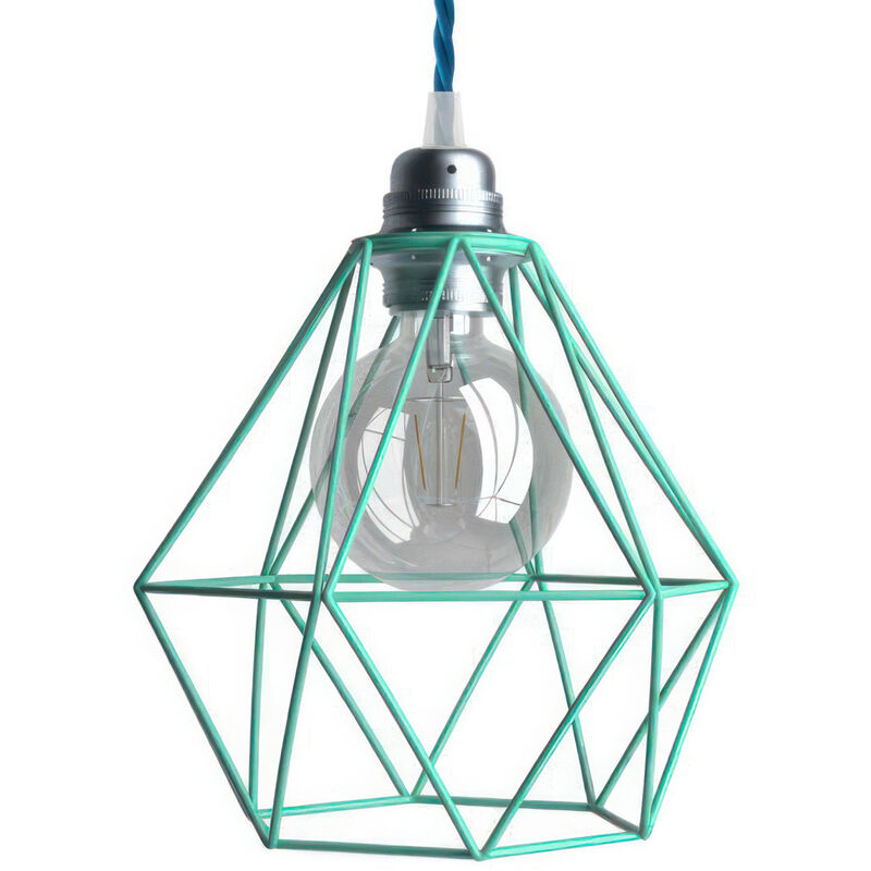 

Lámpara colgante hecha en Italia con cable textil y pantalla jaula Diamond en metal | Con bombilla - Turquesa - Turquesa