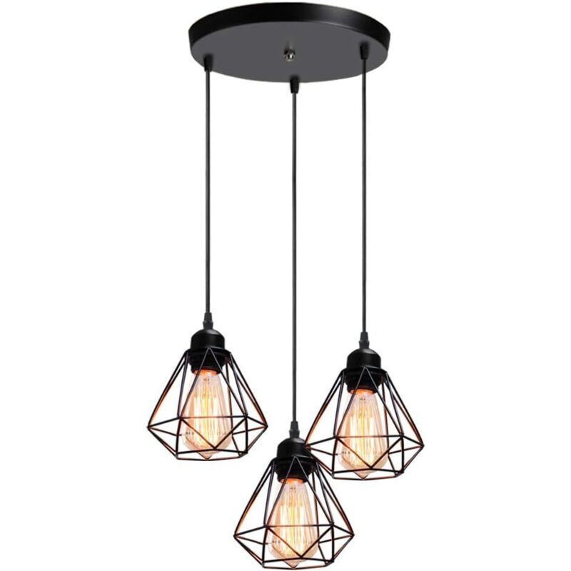 STOEX Industrial Lámpara de Suspensión Vintage Jaula Geométrica de Metal E27 Mini Ø16cm para Cocina Dormitorio Pasillo - 3 Focos Negro