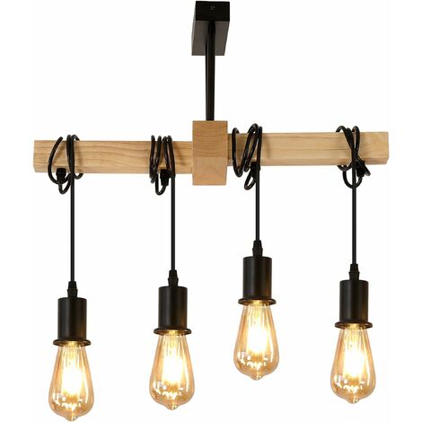 GOECO Lámpara colgante industrial, lámpara industrial retro de 3 cabezales, lámpara de techo colgante E27, lámpara industrial de madera y metal para sala de estar, cocina, dormitorio (bombilla no incluida)