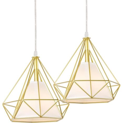 Lámpara Colgante Industrial Metal Geométrica E27 Altura Ajustable para Dormitorio Sala de Estar 2 Piezas Dorado