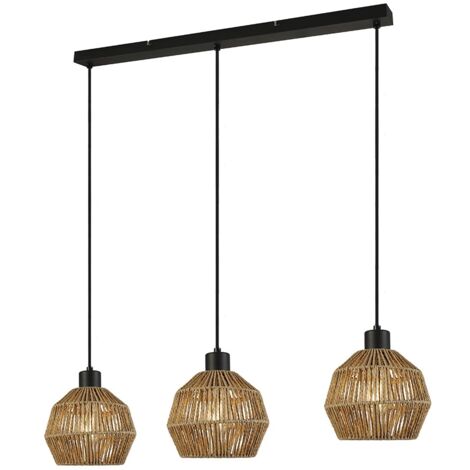 Lámpara colgante "Krabi" de tres luces (3xE27) 220/240V IP20 100x85x18cm fabricada en metal y ratán color negro y beige