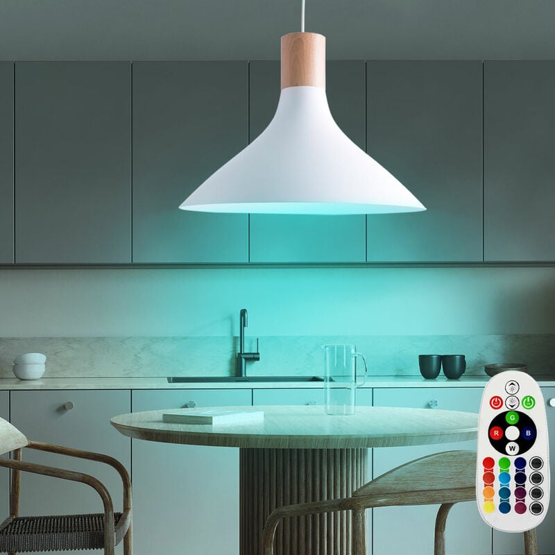 

Lámpara colgante de salón comedor lámpara de techo de péndulo de madera REGULABLE en un juego que incluye bombillas LED RGB