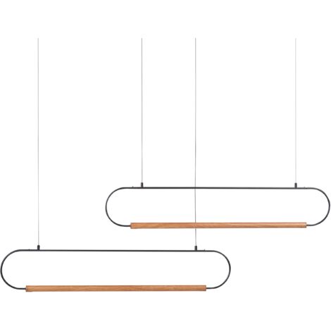 Lámpara colgante moderna 2 luces LED integradas pantallas de diseño metal pintado negro y madera clara Logone