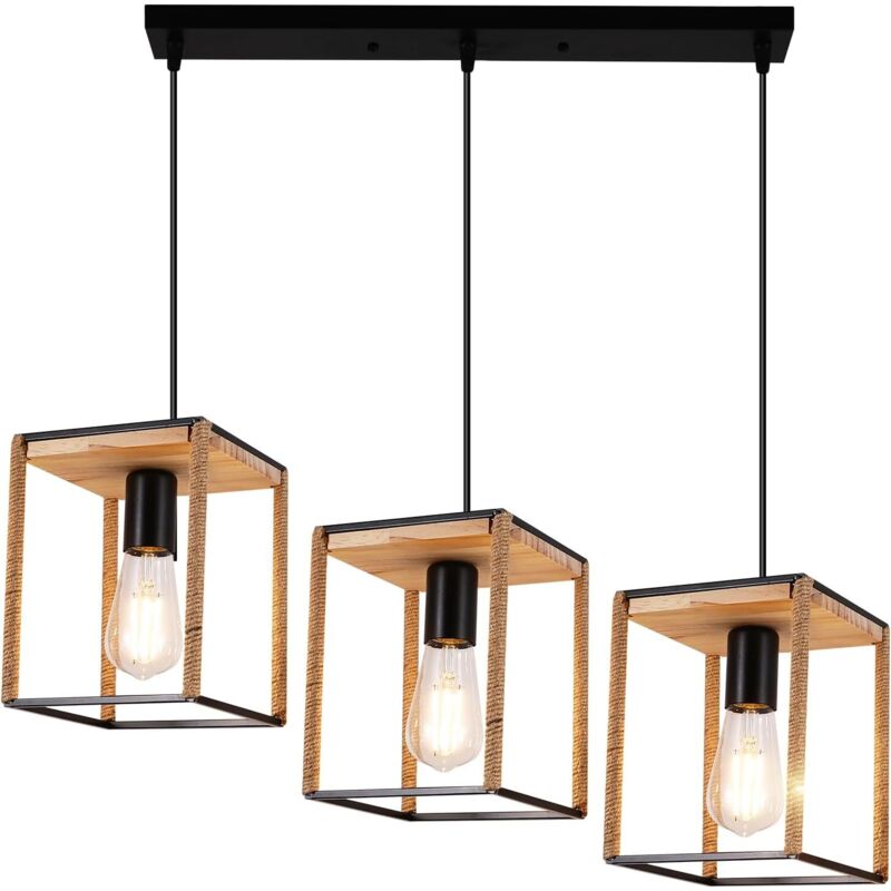 Lámpara colgante moderna de 3 luces, 80cm, en metal y madera, acabado negro rústico, para comedor, cocina, araña de metal, casquillo E27, bombillas