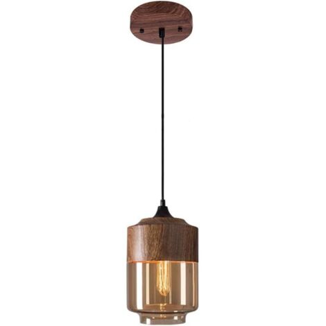 Lámpara colgante moderna de estilo industrial (2 unidades), araña con pantalla de cristal y madera, casquillo E27, lámpara de techo vintage.