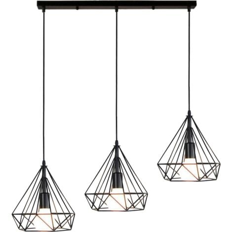 Lampara Colgante Moderno Grupo de 3 Vías Diamante Combinación Ø25cm Palo Largo Pájaro Cage Jaula de Hierro Luz de Techo Metal 3Headlights Clúster Decoracion de Comedor Cocina Sala (Negro)
