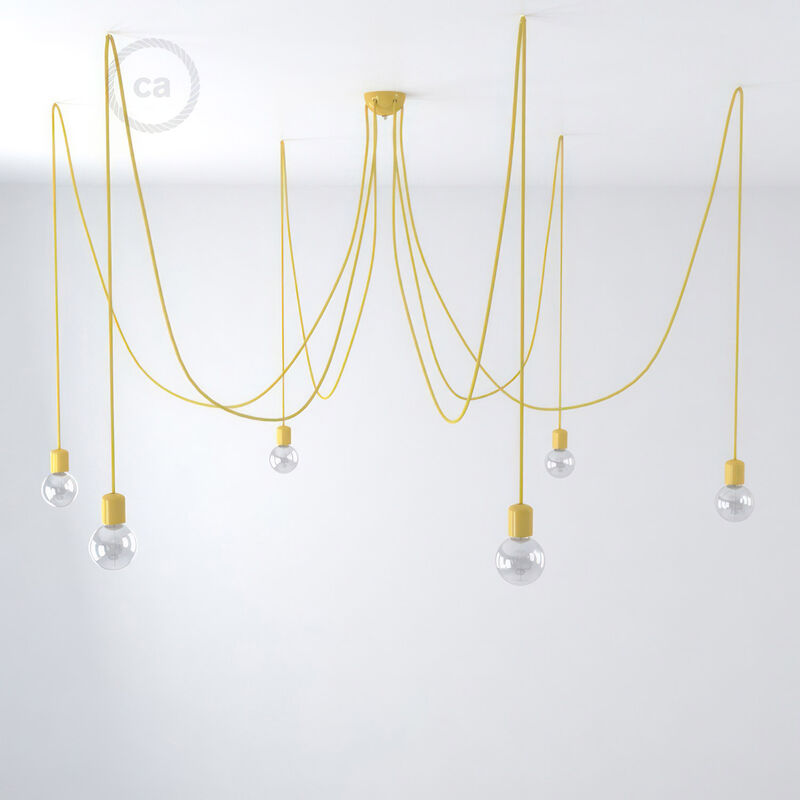

Creative Cables - Lámpara colgante múltiple con 6 caídas Made in Italy con cable textil y acabados en cerámica de colores | Sin bombilla - Amarillo