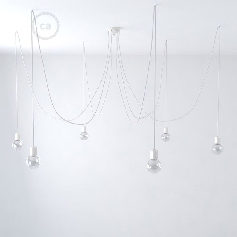 

Creative Cables - Lámpara colgante múltiple con 6 caídas Made in Italy con cable textil y acabados en cerámica de colores | Sin bombilla - Blanco