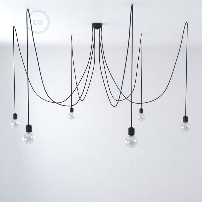 

Creative Cables - Lámpara colgante múltiple con 6 caídas Made in Italy con cable textil y acabados en cerámica de colores | Sin bombilla - Negro