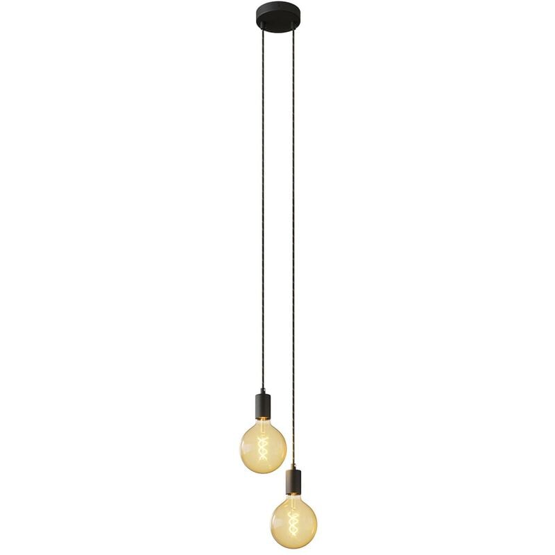 

Lámpara colgante múltiple de 2 caídas completa con cable textil y acabados metálicos | Ya montado - Con bombilla - Negro - Negro