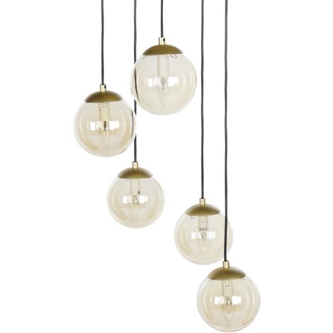 Lámpara colgante pantalla redonda vidrio ahumado 5 luces metal base transparente acero dorado Noel