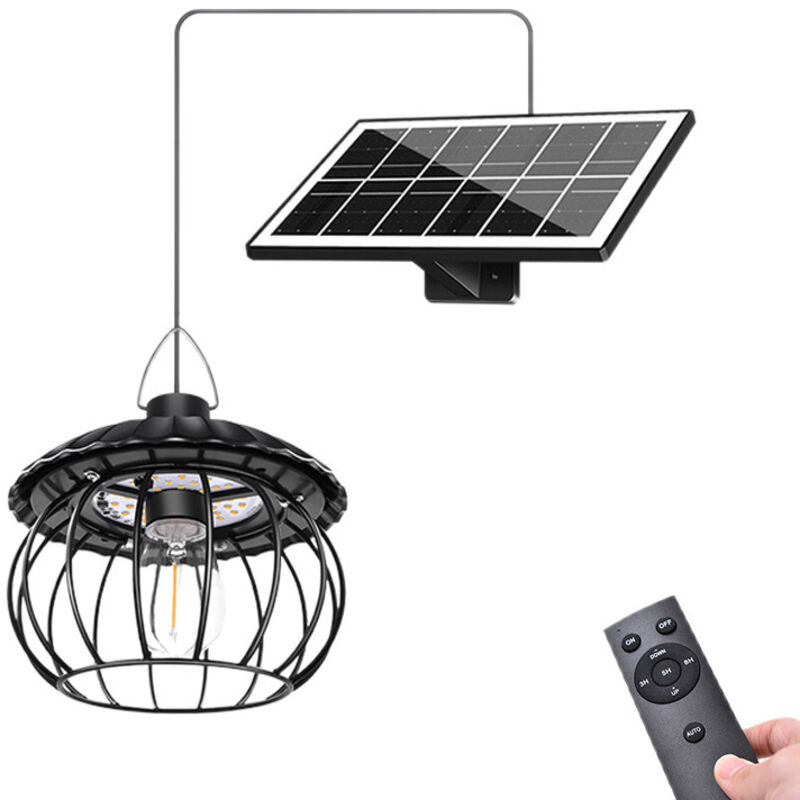 Lámpara colgante solar de hierro de un cabezal, impermeable, regulable, con control remoto, ideal para cobertizos y patios (luz blanca).