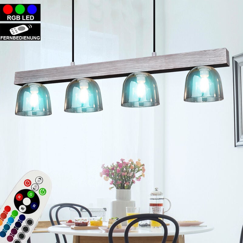 

Lámpara colgante colgante de techo de vidrio para comedor gris de madera clara en un juego que incluye bombillas LED RGB