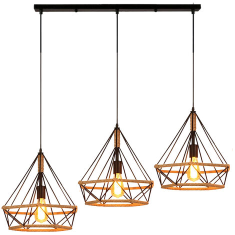 Lámpara Colgante Vintage, Cuerda de Cáñamo Lámparas de Techo con Jaula de Diamante, E27 Iluminación para Dormitorio Salon Comedor - 3 Luz con Portalámparas de Poste Largo (Negro)