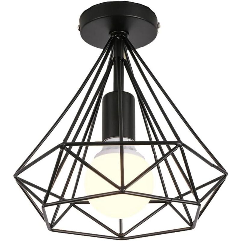 Lustre Vintage de Jaula Forma de Diamante 25CM (Negro) Retro Lámpara de Techo Industrial Iluminación Metal Hierro E27 para Salón de Comedor Hotel