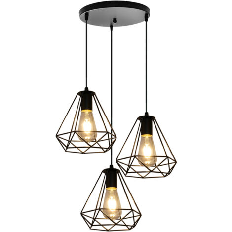 WOTTES Lámpara Colgante Vintage Industrial Iluminación Colgante Negro Lámpara de Techo 3 Luces Para Cocina Comedor