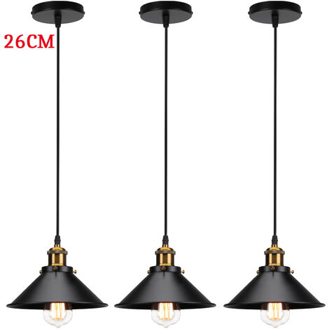 Lámpara Colgante, Vintage Industrial Lámpara de Techo Pendiente Ø26cm, Iluminación Metal Edison E27 Base para Dormitorio Cocina Comedor Cafe Negro 3 Piezas