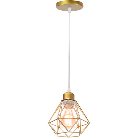 Lámpara Colgante, Vintage Lámparas de Techo Ø16cm Diseño de Jaula de Diamante, Industriale Luminaria de Techo E27 para Dormitorio Salon Cocina Comedor (Oro)