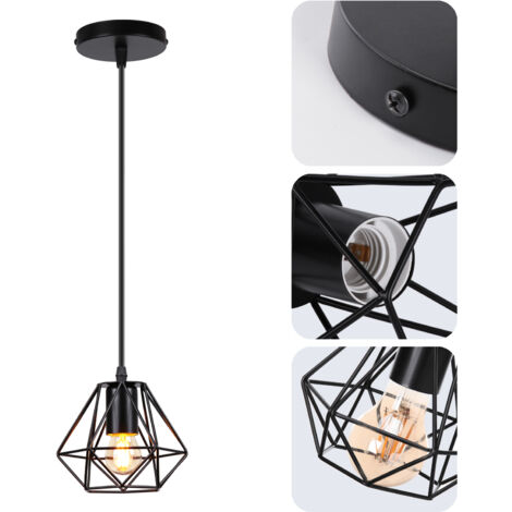 Lámpara Colgante, Vintage Lámparas de Techo in Diseño de Jaula, Iluminación en Forma de Ø16cm Diamante E27 Base Negro - 1 Pieza