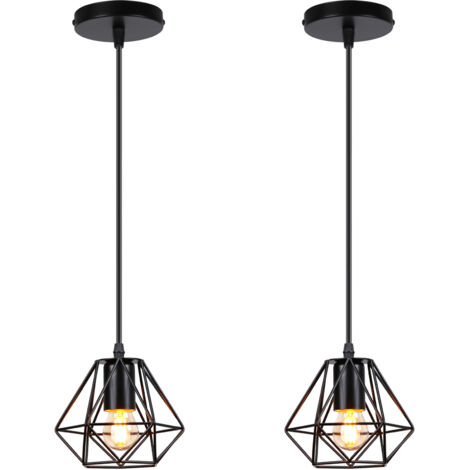 Lámpara Colgante, Vintage Lámparas de Techo in Diseño de Jaula, Iluminación en Forma de Ø16cm Diamante E27 Base Negro - 2 Pieza