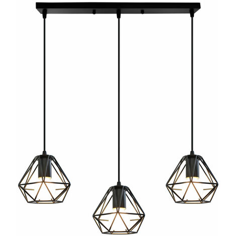 Lámpara Colgante, Vintage Lámparas de Techo in Diseño de Jaula, Iluminación en Forma de Ø16cm Diamante E27 Base Negro - 3 Luces de Base Rectangular