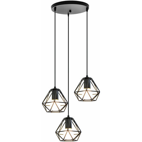 Lámpara Colgante, Vintage Lámparas de Techo in Diseño de Jaula, Iluminación en Forma de Ø16cm Diamante E27 Base Negro - 3 Luces de Base Redonda