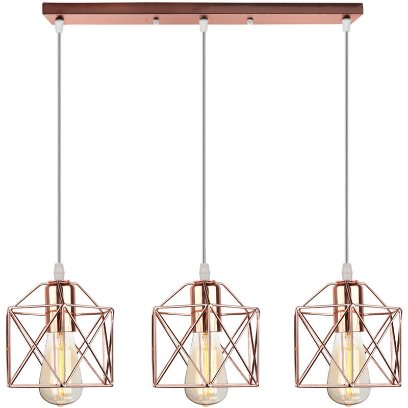 

Wottes - Lampara colgantede metal industrial retro jaula hierro creativa poste largo 3 luces dormitorio sala de estar comedor Oro rosa - Oro rosa