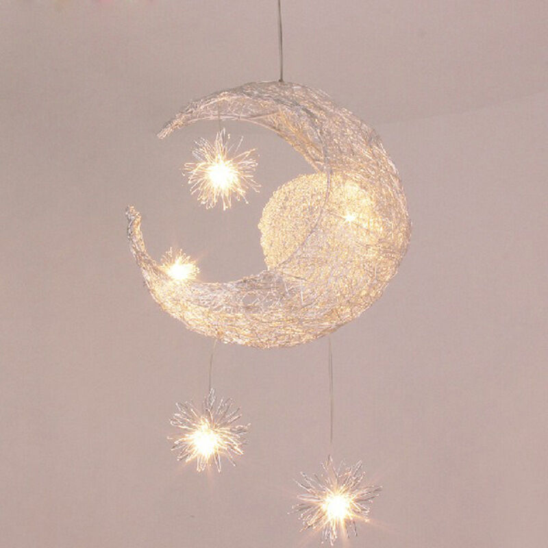 

Lámpara colgantes LED tejida Luna Estrella lámpara de hadas araña de luces de dormitorio moderno (blanco cálido) - Argento