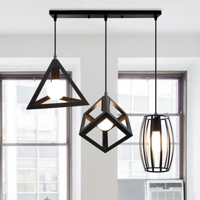 

Lámpara colgantes negra retro, lámpara de 3 portalámparas, lámpara de techo industrial, barra de café lámpara retro de forma geométrica - negro