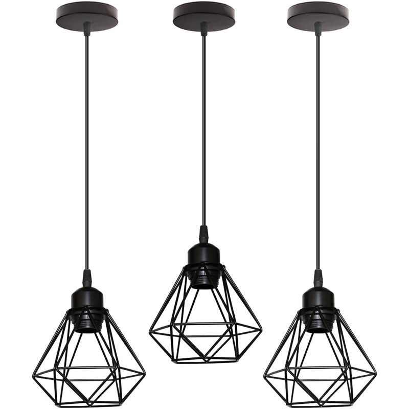 

Lámpara colgantes retro de 3 piezas mini lámpara suspensa de hierro de diamante candelabro de pantalla de jaula negra - negro