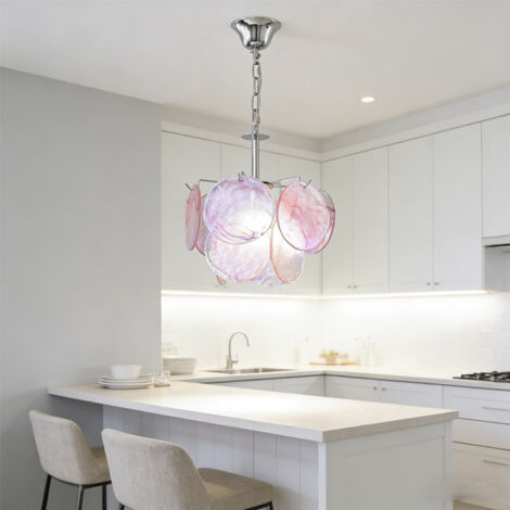 Lámpara de araña con conchas marinas rosas, luz blanca, casquillo E14, cadena ajustable de 150 cm, altura regulable y 32 cm de diámetro.