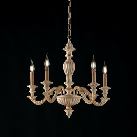 Lámpara de araña de cinco luces de madera de marfil y pan de oro 53x h57 cm