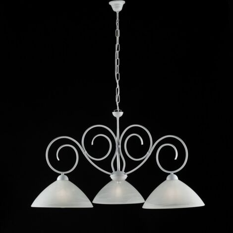 Lámpara de araña de hierro blanco shabby tres luces pantallas de cristal blanco 78x h54 cm