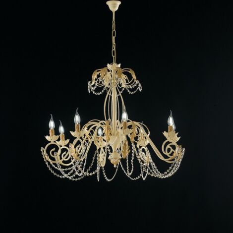 Lámpara de araña en hierro marfil decape y damasco oro strass ocho luces 90x h70 cm