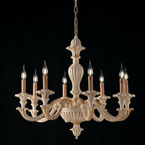 Lámpara de araña en madera de marfil y pan de oro ocho luces 80x h70 cm