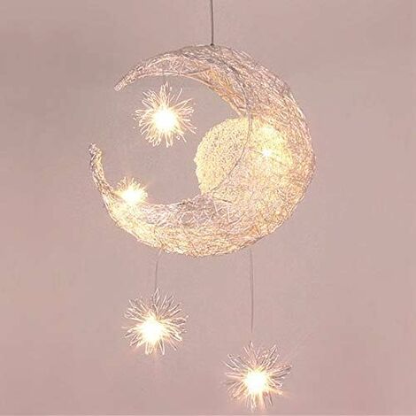 Lámpara De Araña MINKUROW Suspensión Luna Estrellas Lámpara De Techo Led Aluminio Con 5 Bombillas Para Habitación De Niños (Luz Blanca)