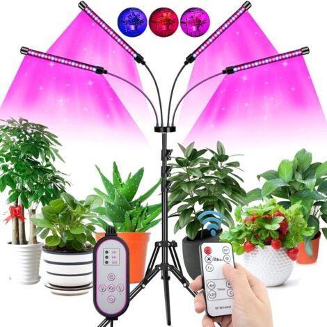 Lámpara de cultivo con trípode, 80 W, LED de 4 cabezales con temporizador automático de 4/8/12 horas, trípode ajustable para siembra, crecimiento, floración y fructificación.
