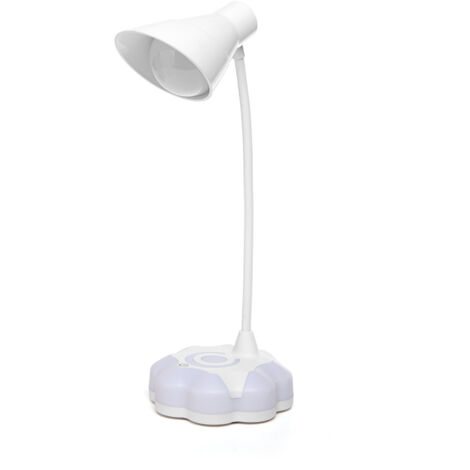 Lámpara de escritorio con 14 LED, 3 niveles de brillo ajustables, controles táctiles, brazo flexible tipo cuello de cisne, batería recargable de 600 mAh y alimentación USB.