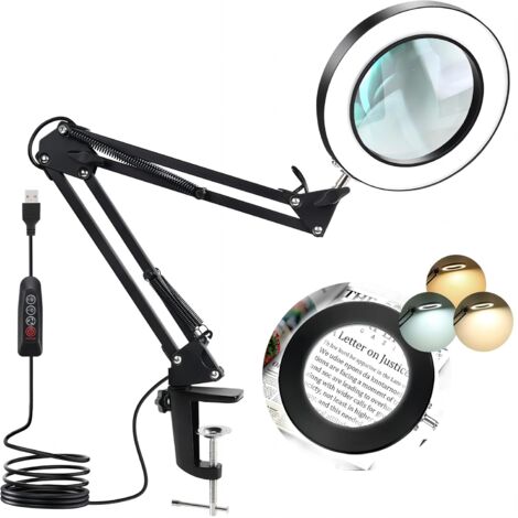 Lámpara de escritorio con lupa de 10 aumentos y LED, lupa iluminada con abrazadera metálica y brazo giratorio ajustable, 3 modos de color, 10 niveles de brillo para manualidades y reparaciones.