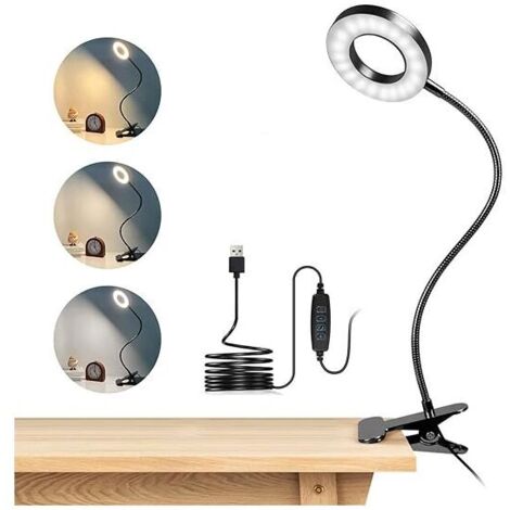 Lámpara de escritorio con pinza KZQ de 48 LED, lámpara de lectura con pinza flexible de 360°, 3 modos de iluminación y 10 niveles de brillo, lámpara de escritorio LED USB para estudiar y trabajar, col