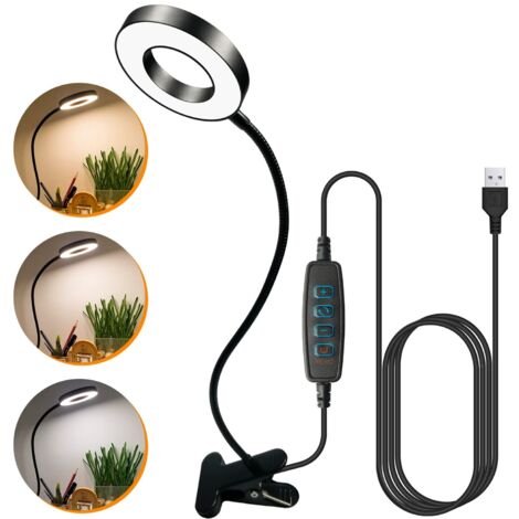 Lámpara de escritorio con pinza y brazo flexible orientable a 360°, equipada con 48 LED y alimentación USB, con 3 modos de temperatura de color y 10 niveles de regulación de la luminosidad