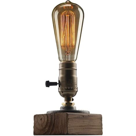Lámpara de escritorio industrial Steampunk Lámpara de mesa de estilo vintage Lámparas antiguas de hierro con bombilla Edison E27 con base de madera minimalista para mesita de noche Café Bar Pub, etc.